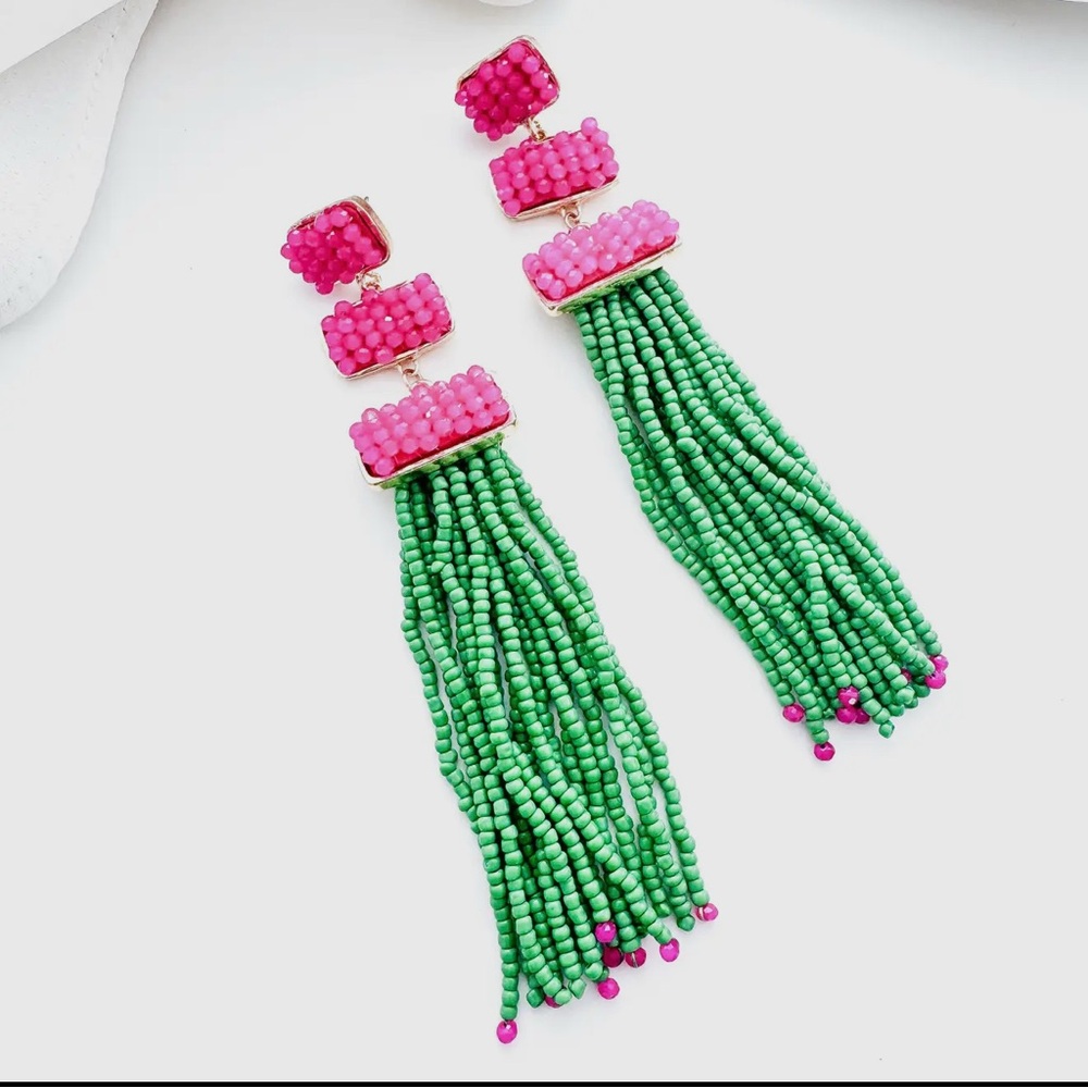 NWT Pink & Green Beaded Tassel statement Earrings Handmade in UK 💗